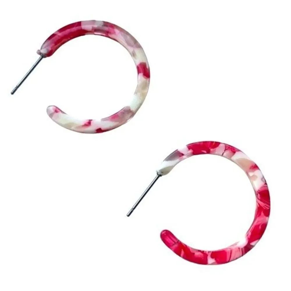 Marbelized Red & White Acetate Hoop Earrings